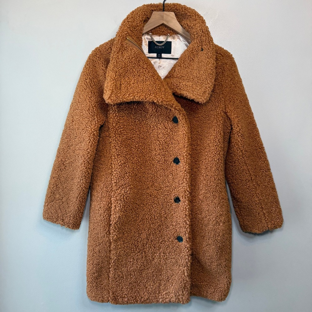 J.Crew Women Caramel Brown Teddy Faux Fur Coat Zip Button Notched Lapel Size 00